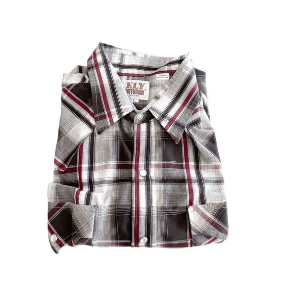 Ely Cattleman Mens Snap Up Western Shirt Short Sleeve Plaid Brown White Large - Picture 7 of 7
